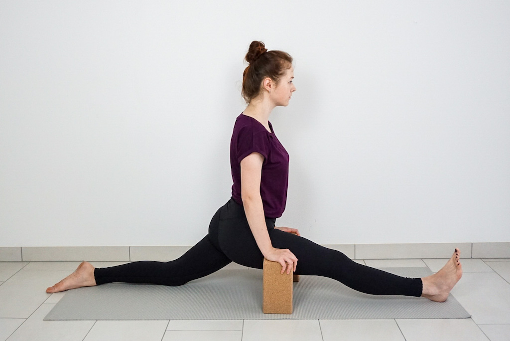 front split for beginners with yoga blocks