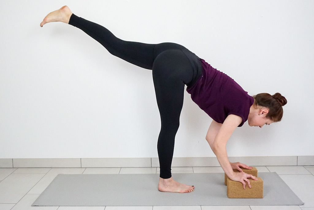 standing split with yoga blocks